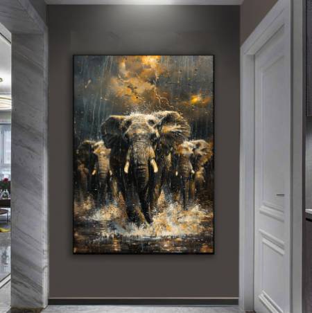 Интерьерная картина маслом на холсте Слоны под Дождем купить в интерьер