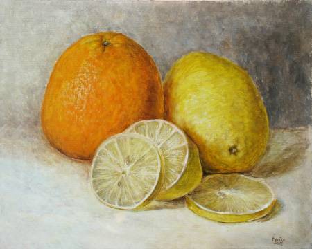Картина маслом на холсте натюрморт Лимон апельсин для столовой