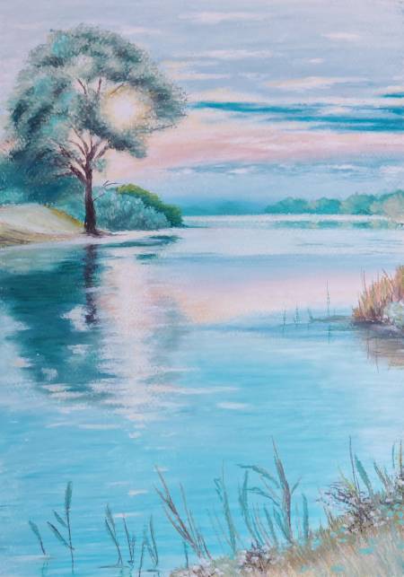 Пейзаж с деревом у воды и отражением