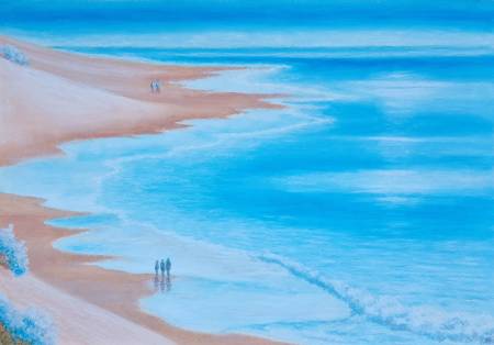 Пейзаж с морским берегом и людьми у воды 