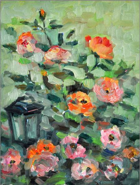Картина маслом Розы в саду живопись зеленый оранжевый розовый