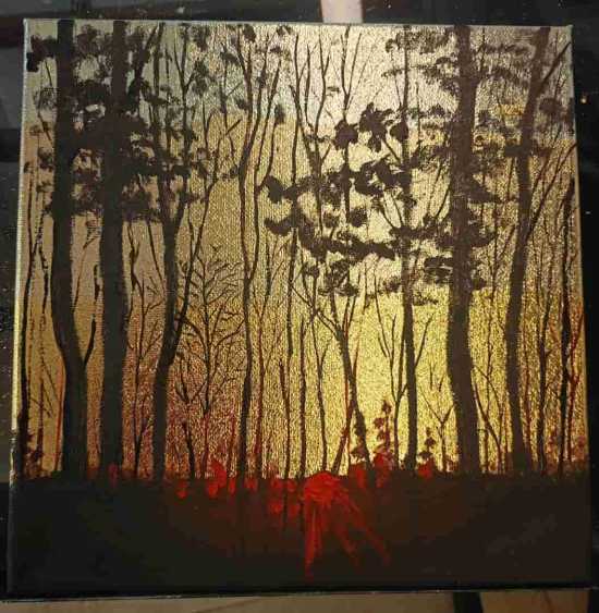 Закат в чаще леса 25х25см.