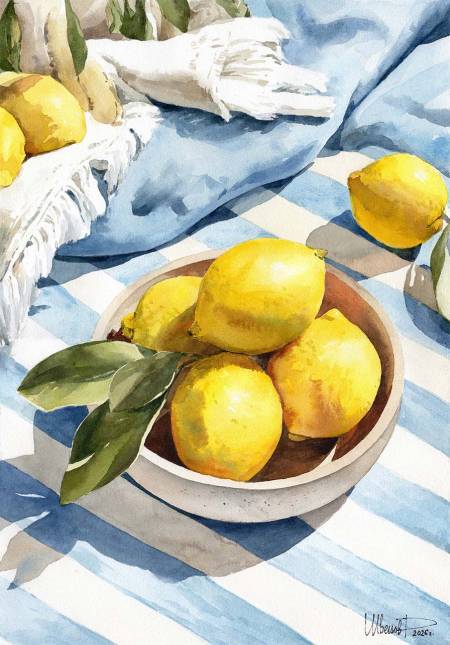 Картина акварелью натюрморт, лимоны