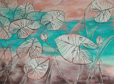 Листья лотосов на бирюзовом фоне