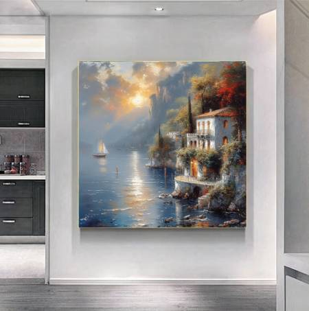 Картина маслом на холсте Дом у Моря и Морской Пейзаж квадратная большого размера для гостиной
