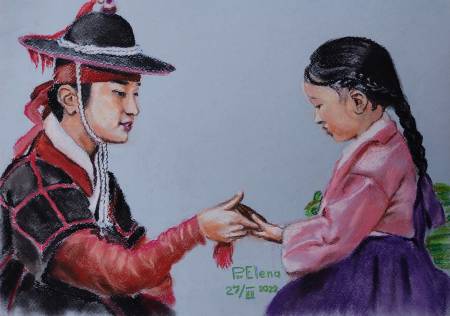 Воин и девочка с длинной косой в ханбоке