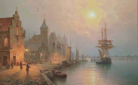 Картина «Рассвет в порту» 50×80 см — морской пейзаж, масло на холсте