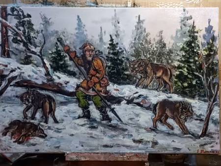 Охотник и волки ,картина маслом на холсте 