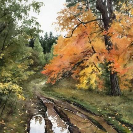 Картина акварелью осень, осенний пейзаж 