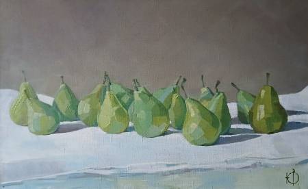 Горизонтальный натюрморт с грушами — картина маслом на холсте в жёлто-зелёных тонах