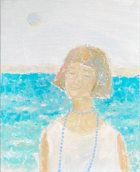 Картина маслом на холсте море и девушка голубая бирюзовая белая для гостиной спальни Коктебель