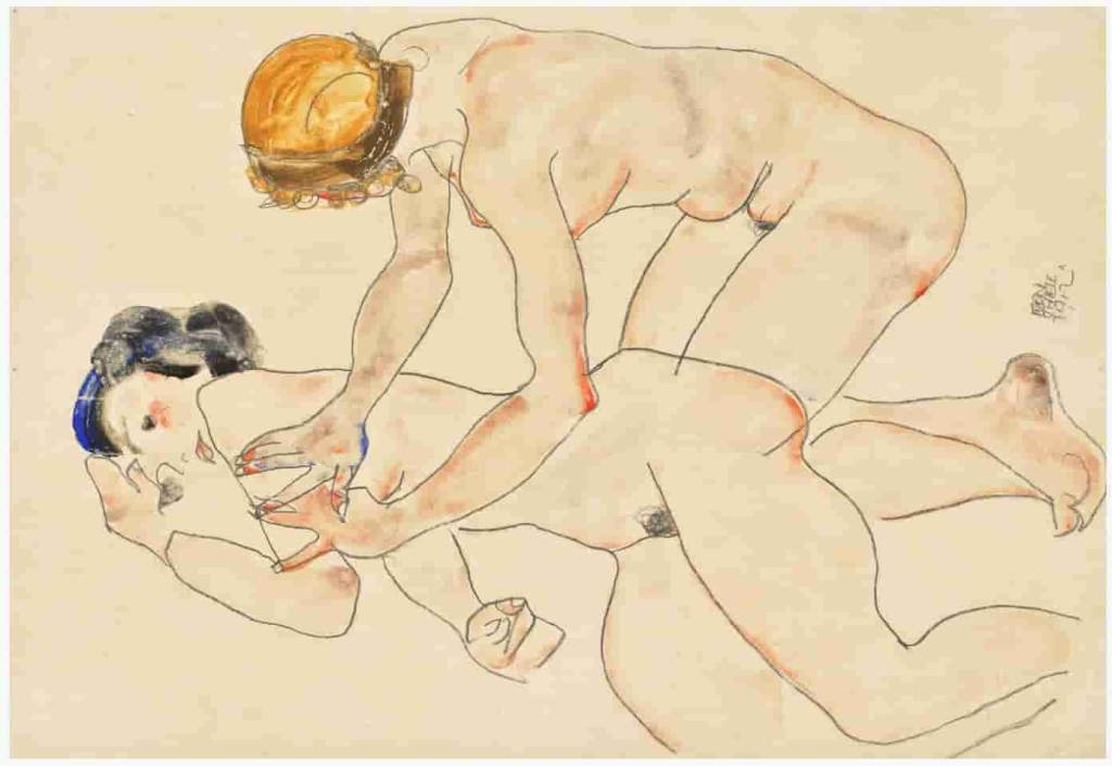 Egon Schiele — Zwei Frauenakte, liegend und kniend (Die Freundinnen)