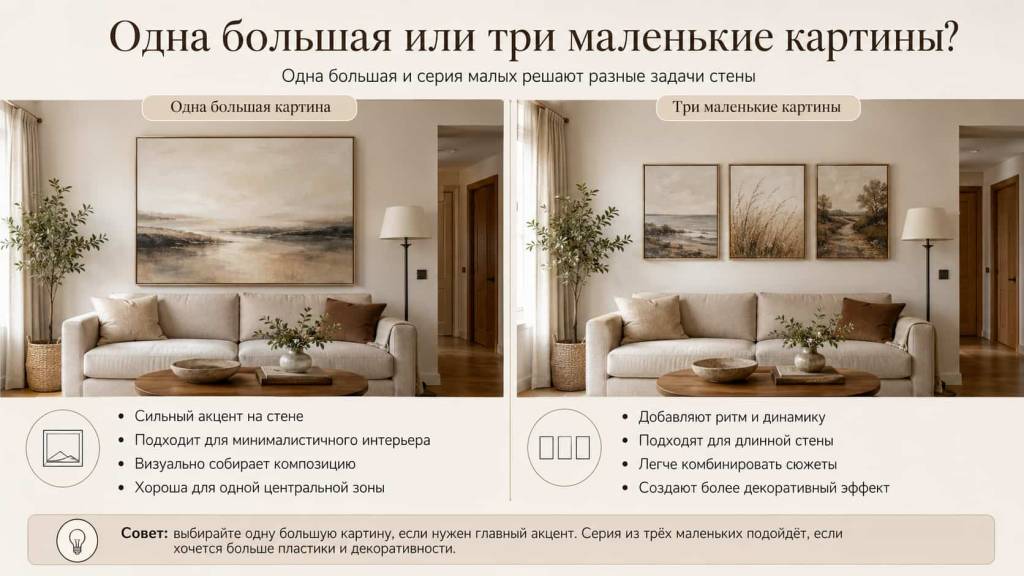 Одна большая или три маленькие картины в прихожей