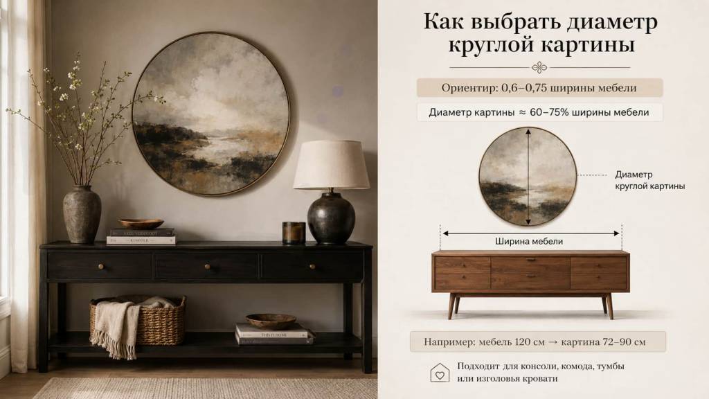Как выбрать диаметр круглой картины по ширине мебели