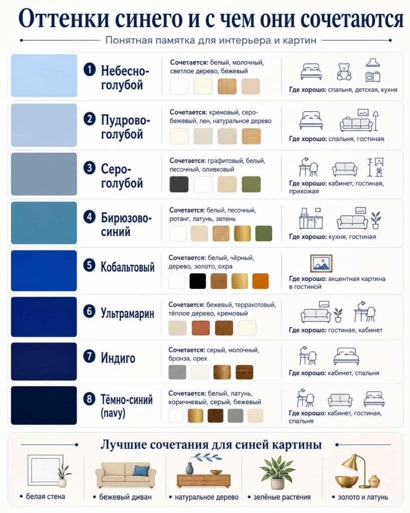 Оттенки синего и сочетания цветов в интерьере