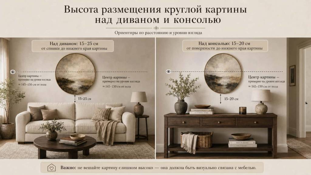 Высота размещения круглой картины над диваном и консолью